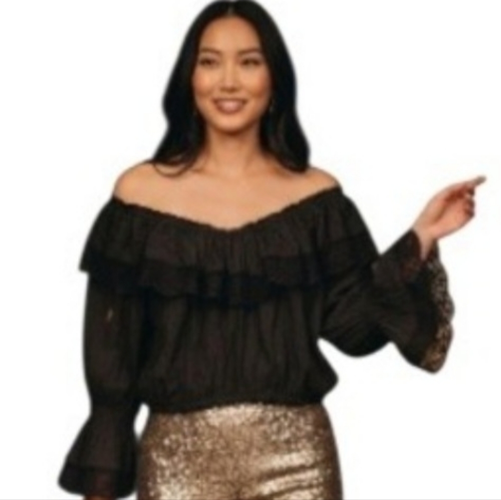 NWT Reformation Elise Top Blk Off Shoulder Ruffle Lace Bell‎ Sleeve Cropped XL